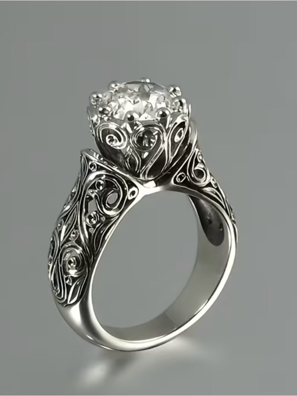 Sterling Silver Filigree Solitaire Ring with Clear Stone